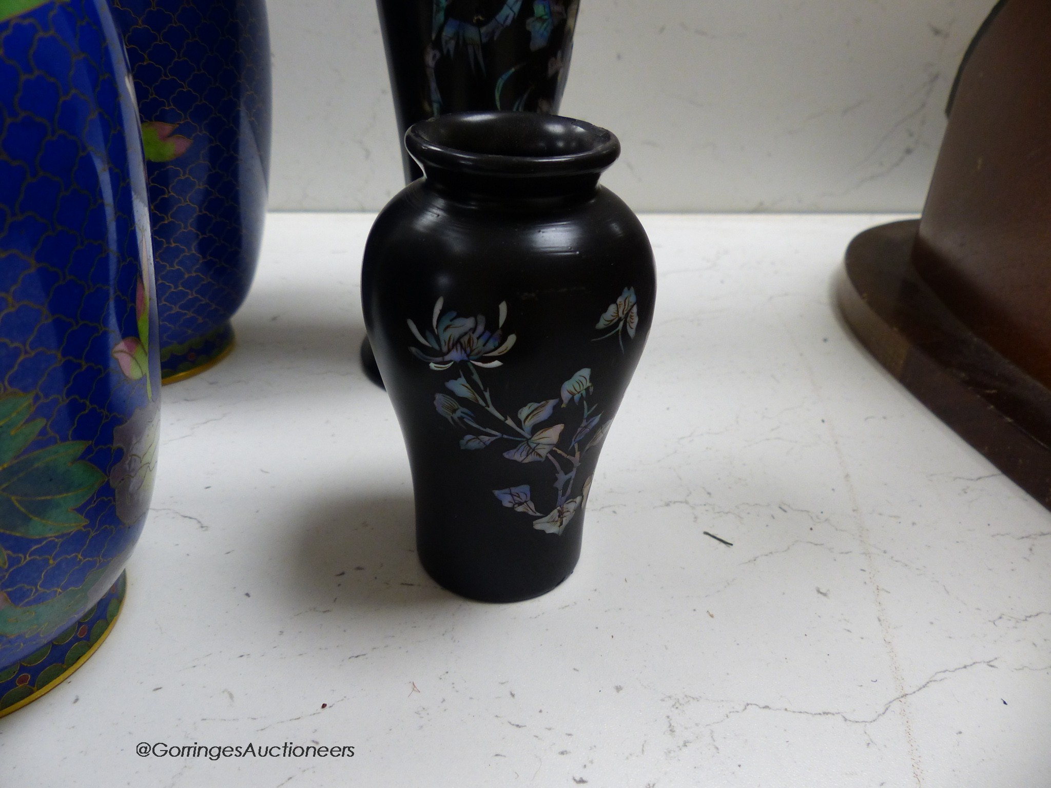 A pair of Chinese cloisonne vases and a smaller pair of cloisonne vases, and two mother of pearl inlaid vases, height 44cm